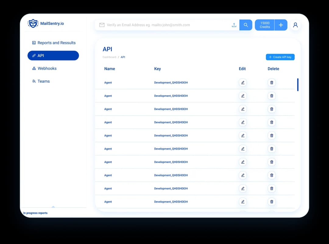 API key generation interface on MailSentry for streamlined email validation service integration