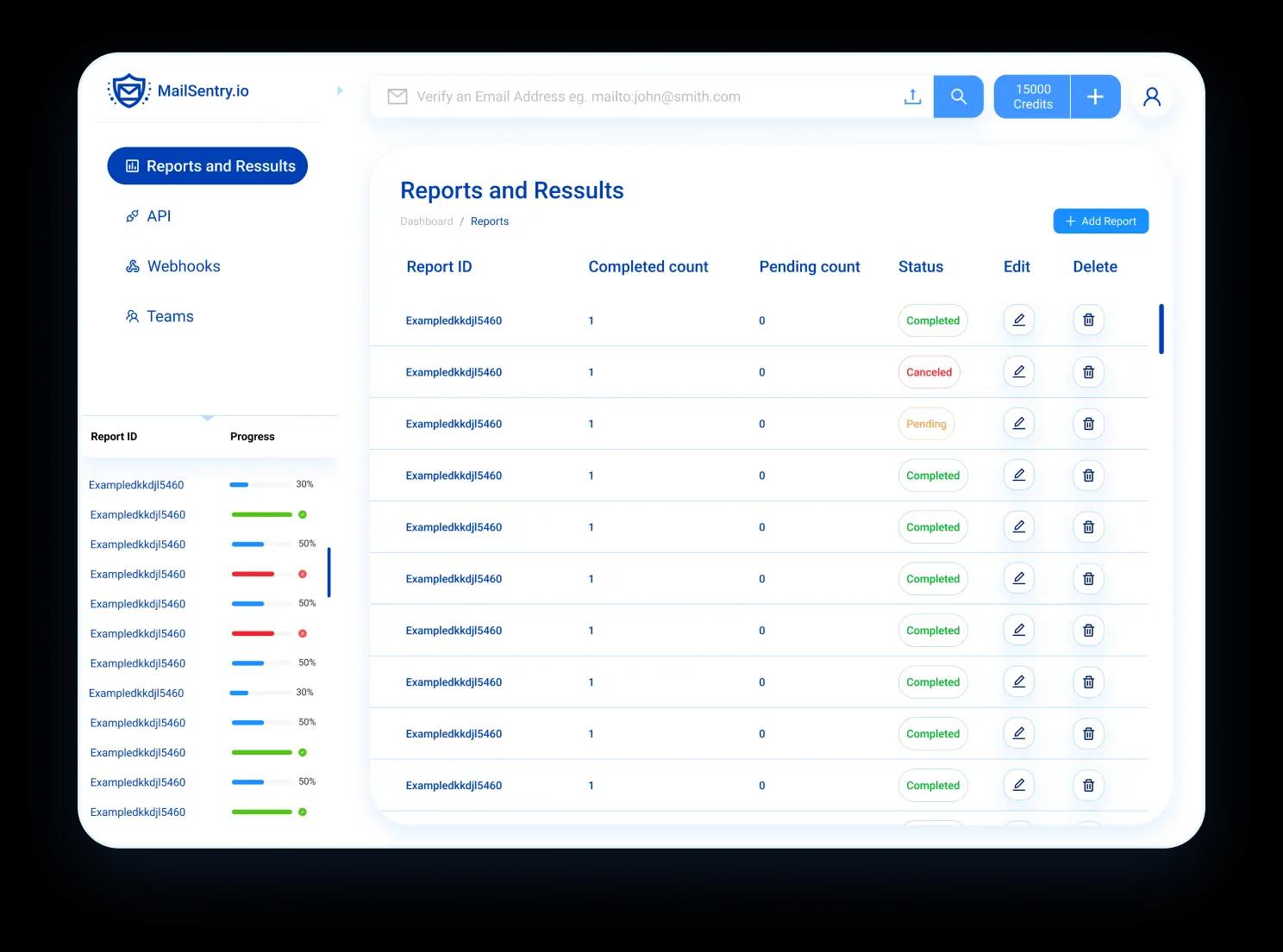 Interactive MailSentry dashboard showcasing email verification results