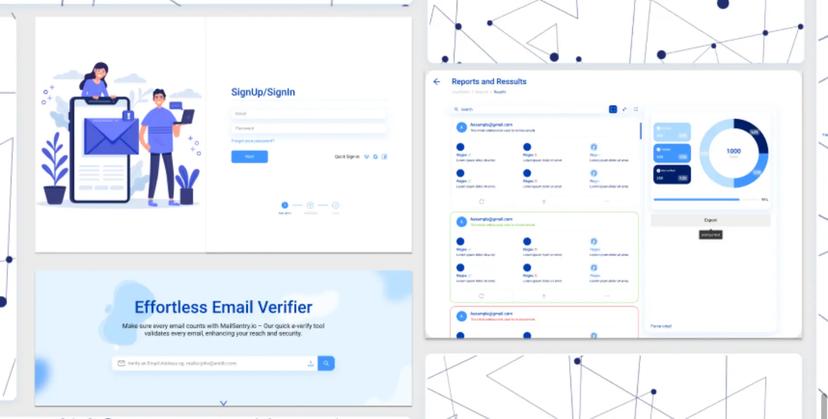 Effortless Email Verifier with features for signup/sign-in and reports, presented with a clean, modern design and illustrated characters