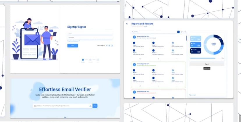 Effortless Email Verifier with features for signup/sign-in and reports, presented with a clean, modern design and illustrated characters