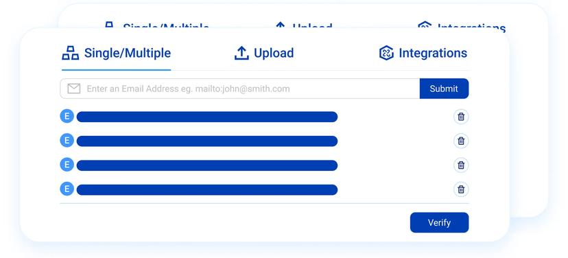 Screenshot of an email validation form interface with 'Single/Multiple' and 'Upload' tabs, and a 'Submit' button.